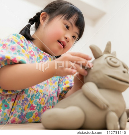 A girl with Down's syndrome creates an original clay piece with a serious expression (Therapeutic Education/Creative Arts) Smile Fun Pottery A girl with Down's syndrome creates an original clay piece with a serious expression (Therapeutic Education/Creative Arts) Smile Fun Pottery 132751240