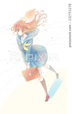 女學生身穿水手服，邊走邊抬頭仰望，背景是櫻花暴風雪。 132751279