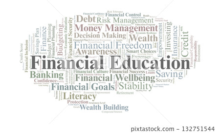 Financial Education Word Cloud. Core Ideas Of Budgeting, Saving, Investing, Credit, And Personal Finance Skills For Financial Stability And Long-Term Economic Empowerment. Financial Education Word Cloud. Core Ideas Of Budgeting, Saving, Investing, Credit, And Personal Finance Skills For Financial Stability And Long-Term Economic Empowerment. 132751544