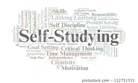 Self-Studying Word Cloud. Key Concepts On Independent Learning, Motivation, Discipline, Planning, And Personal Academic Growth In Modern Education. 132751555
