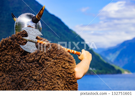 Viking warrior on fjord shore, Norway 132751601