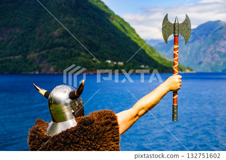 Viking warrior on fjord shore, Norway Viking warrior on fjord shore, Norway 132751602