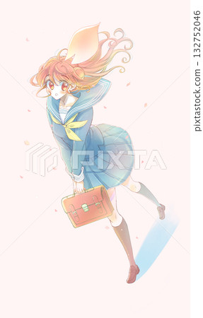 女學生邊走邊抬頭，身穿水手服，櫻花盛開，暴風雨 132752046