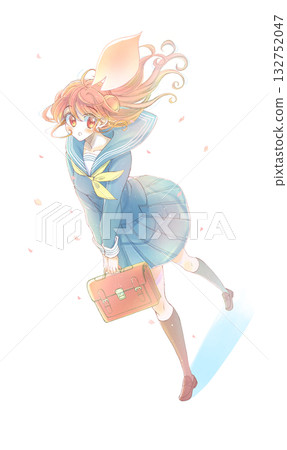 Female student walking and looking up, sailor uniform, cherry blossom storm Female student walking and looking up, sailor uniform, cherry blossom storm 132752047