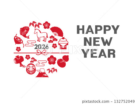 New Year's Card 2026 - Illustration of a Horse and Auspicious Charms 2026 New Year's Card, Illustration, Horse, Zodiac, New Year, Auspicious Charms, Japanese 132752049