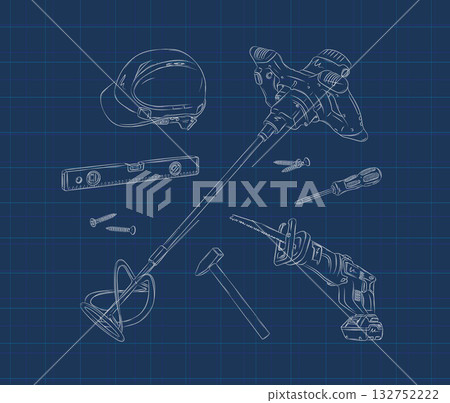 Construction tools composition on blue 132752222