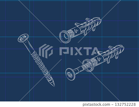 Dowel and screw illustration on blue 132752228