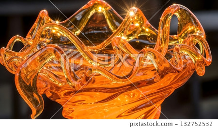 Amber glass bowl with molten flowing edges. Amber glass bowl with molten flowing edges. 132752532