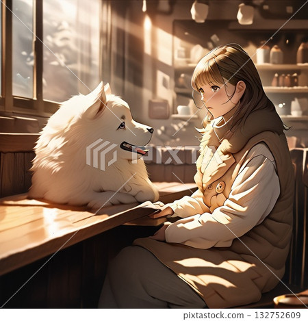Dog and girl in a cafe 132752609