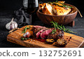 Well-done Wagyu beef steak, served on the wood tray with red wine 132752691