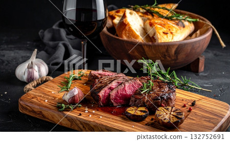 Well-done Wagyu beef steak, served on the wood tray with red wine Well-done Wagyu beef steak, served on the wood tray with red wine 132752691