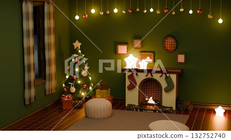 Christmas room with a fireplace, bright, 16:9 size 132752740