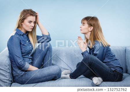 Two serious women friends talking on sofa 132752762