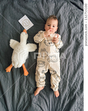 Adorable baby in animal onesie with plush goose 132753100