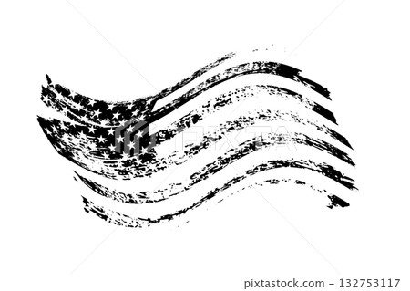 Grunge waving American flag in white-black colors isolated on transparent background. Vintage USA national symbol. Vector design element 132753117