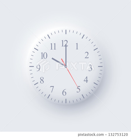 Minimal round wall clock with simple hour marks and modern design. Elegant analog clock in neomorphism style on light grey background. Vector illustration Minimal round wall clock with simple hour marks and modern design. Elegant analog clock in neomorphism style on light grey background. Vector illustration 132753120