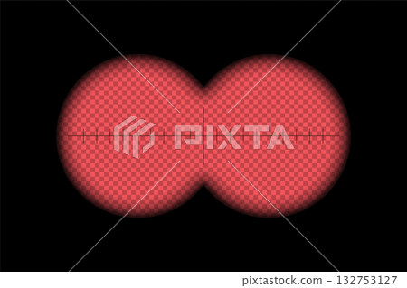 Binoculars viewfinder overlay on transparent background. Spy POV. Red circular dual lens with crosshair marks and range scale. Military, hunting, spy optical instrument. Realistic vector illustration Binoculars viewfinder overlay on transparent background. Spy POV. Red circular dual lens with crosshair marks and range scale. Military, hunting, spy optical instrument. Realistic vector illustration 132753127