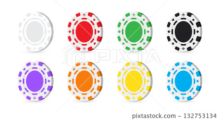 Poker chips. Casino game coins of black, green, yellow, blue, red, grey, violet, orange colors isolated on transparent background. UI elements. Realistic vector illustrations set Poker chips. Casino game coins of black, green, yellow, blue, red, grey, violet, orange colors isolated on transparent background. UI elements. Realistic vector illustrations set 132753134