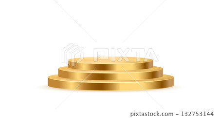 Triple golden podium. Gold round metal stage for product presentation or winner award ceremony. Luxury empty platform isolated on white background. Realistic vector illustration 132753144