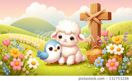 Cute lambs and birds stand beside a cross amidst a field of pastel flowers. 132753286