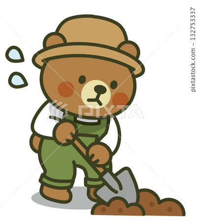 一隻熊用鏟子挖洞的插圖（工作、園藝、可愛動物） 132753337