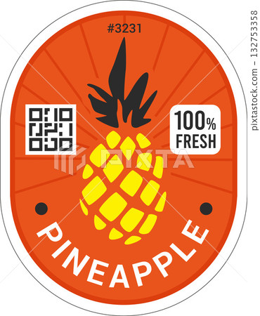 Pineapple Produce Adhesive Label with QR code. Advertising Vector Tag with White Borders Isolated Pineapple Produce Adhesive Label with QR code. Advertising Vector Tag with White Borders Isolated 132753358