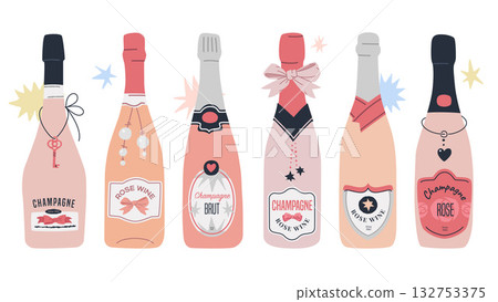 Champagne Rose Wine Bottles with Jewelry and Bows Modern Vintage Vector Isolated 132753375