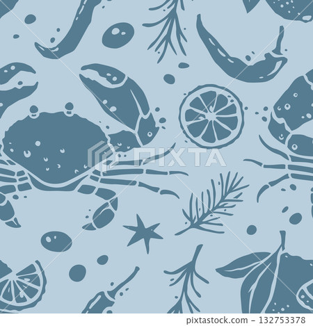 Crab and Lemon Silhouettes with Chili Pepper Blue Seamless Pattern Vector Design 132753378