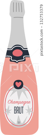Hand Drawn Champagne Brut Vintage Glass Bottle of Pink Sparkling Wine Isolated on Transparent BG 132753379