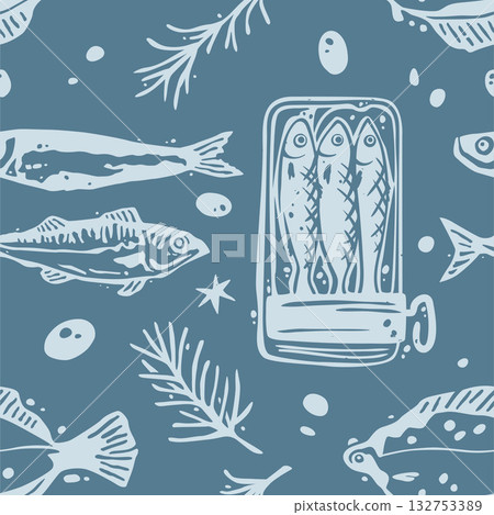 Sardines Tin Can and Mackerel Silhouettes with Flounder Seamless Pattern Vector Design Sardines Tin Can and Mackerel Silhouettes with Flounder Seamless Pattern Vector Design 132753389