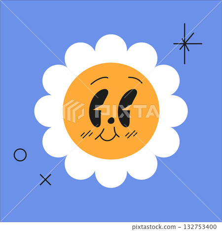 Daisy flower face. Flower motivation smiley for kids. Vintage sticker of floral emoticon 132753400