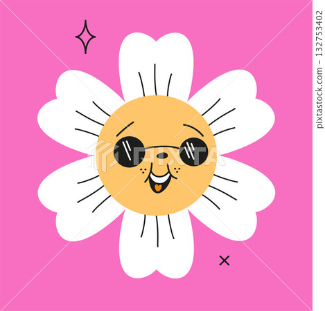 Daisy flower in sunglasses with happy face expression. Groovy floral emoji character with joyful emo 132753402