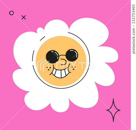 Daisy flower with cartoon funny smiling face in sunglasses. Cute chamomile happy emotion Daisy flower with cartoon funny smiling face in sunglasses. Cute chamomile happy emotion 132753405