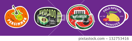 Field rippened tropical fruit stickers. Persimmon avocado watermelon and mango 132753416