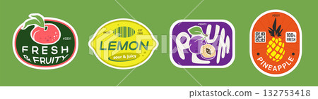 Flat peach plum pineappple and lemon labels. Peeled paper vector sticker pack 132753418