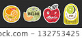 Oranges melon apple and kiwi fruit sticker set. Labels with barcodes 132753425