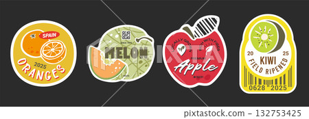 Oranges melon apple and kiwi fruit sticker set. Labels with barcodes 132753425