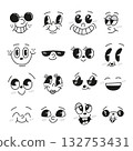Retro 30s mascot cartoon character faces or excited face expressions vector set 132753431