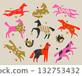 Set of colorful horses in modern folk art style. Playful and colorful New year symbol 132753432