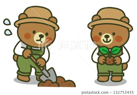 Illustration of a bear digging a hole with a shovel and another bear watching over a seedling (plants, growth, cute animals) 132753435