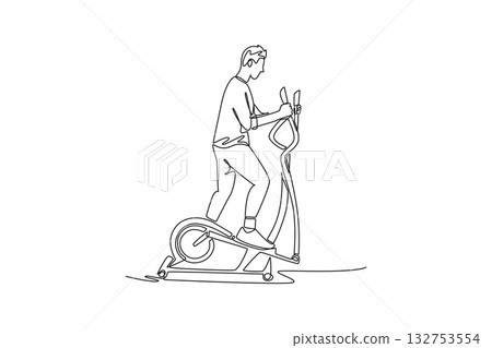Continuous one line drawing man is intensely working out on elliptical machine, illustrating cardio endurance and steady full-body fitness routine. Single line draw design vector graphic illustration Continuous one line drawing man is intensely working out on elliptical machine, illustrating cardio endurance and steady full-body fitness routine. Single line draw design vector graphic illustration 132753554