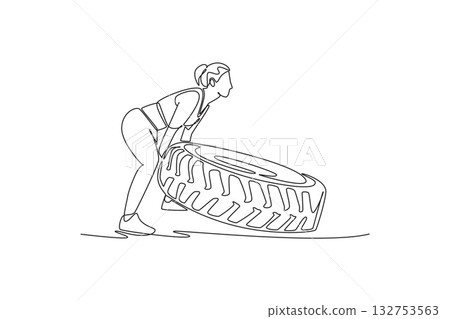 Single continuous line drawing woman is intensely squatting low to lift a heavy tire from the ground, illustrating functional training and raw power. One line draw graphic design vector illustration Single continuous line drawing woman is intensely squatting low to lift a heavy tire from the ground, illustrating functional training and raw power. One line draw graphic design vector illustration 132753563