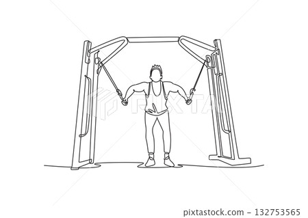 Single continuous line drawing attractive man is performing cable fly exercise on cable machine, focused chest strength and dynamic upper body workout. One line draw graphic design vector illustration 132753565