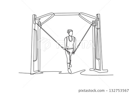 Single one line drawing woman is performing cable crossover exercise on cable machine, focused chest, arm strength, disciplined fitness workout. Continuous line draw design graphic vector illustration Single one line drawing woman is performing cable crossover exercise on cable machine, focused chest, arm strength, disciplined fitness workout. Continuous line draw design graphic vector illustration 132753567
