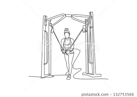 Single continuous line drawing woman is performing cable crossover exercise on cable machine, focused chest, arm strength, disciplined fitness workout. One line draw graphic design vector illustration Single continuous line drawing woman is performing cable crossover exercise on cable machine, focused chest, arm strength, disciplined fitness workout. One line draw graphic design vector illustration 132753568