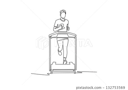 Single continuous line drawing young man is running on treadmill with steady pace, focused effort, cardiovascular endurance, dynamic fitness workout. One line draw graphic design vector illustration 132753569