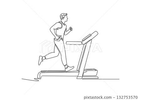 Single one line drawing young man is intensely running on treadmill, mid-stride and focused, cardiovascular endurance, dynamic fitness training. Continuous line draw design graphic vector illustration 132753570