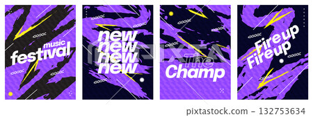 Bold Modern Poster Set with Abstract Purple and Yellow Brush Strokes. Template for Sport, Fitness, Workout, Gym, Brochure, Invitation, Festival, or Music Event Bold Modern Poster Set with Abstract Purple and Yellow Brush Strokes. Template for Sport, Fitness, Workout, Gym, Brochure, Invitation, Festival, or Music Event 132753634