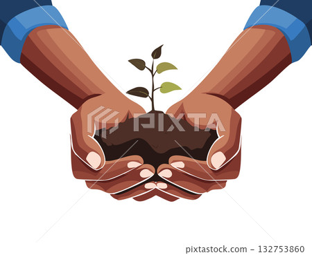 Illustration of cupped hands filled with soil showing support for farming gardening and ecological renewal 132753860