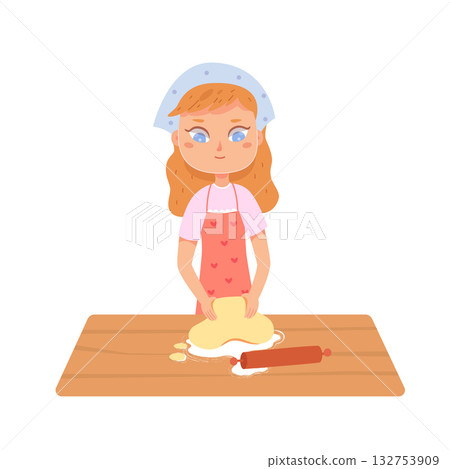 Girl kneading dough with hands, funny female baker in apron making dough for bread 132753909